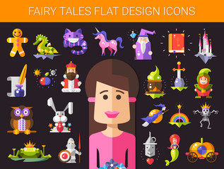 Wall Mural - Set of fairy tales flat design magic icons and elements