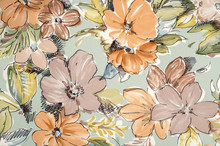 Floral Pattern On Blue Fabric. Brown And Orange Flowers Print As Background.