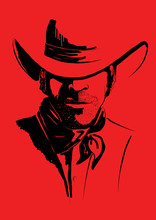 Vector Portrait Of Cowboy On Red.Strong Man In Cowboy Hat