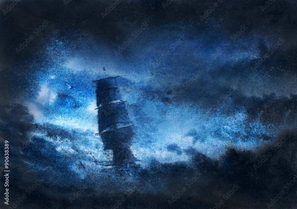 sailboat in night storm - obrazy, fototapety, plakaty 