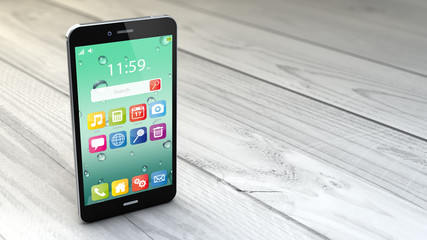 Wall Mural - smartphone over white wooden background