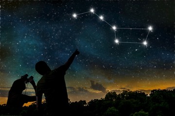 Wall Mural - ursa major constellation on night sky. astrology concept. silhouette of adult man and child observin