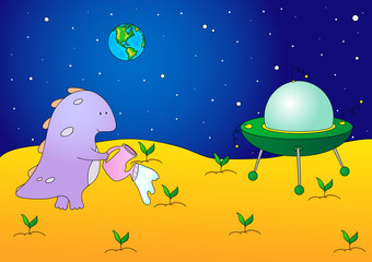 Canvas Print - Cute and friendly alien watering the plants on his planet. Flyin