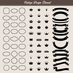 Wall Mural - set of vintage element, blank vintage frame,crown and ribbon.