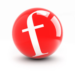 Letter f on a bright red balls isolated on white.