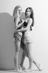 Two fashion sexy romantic beautiful girls in jeans shorts having