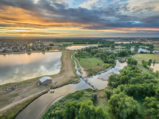 Wall Mural - sunrise over Poudre River - aerial view