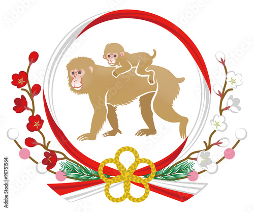 申年年賀状素材 親子猿 おんぶ 水引き飾り Stock ベクター Adobe Stock