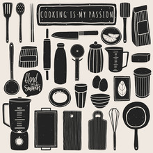 Doodle Kitchen Set. Hand Drawn Kitchenware And Utensils. Vector Elements For Kitchen Design. Cooking Equipment