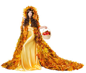 Autumn Woman in Fall Leaves Cape with Apples, Model Girl in Fash