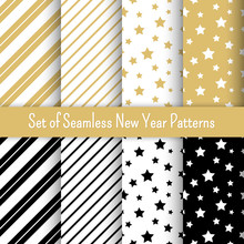Set Of Black, White And Gold Seamless New Year Party Patterns
