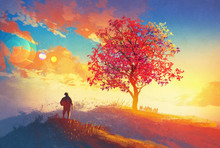 Autumn Landscape With Alone Tree On Mountain,coming Home Concept,illustration Painting
