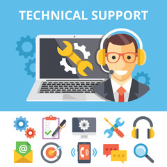 Poster - Technical support flat illustration and flat technical support icons set