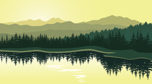 Beautiful Mountain Landscape With Reflection In The Lake. Vector Illustration.