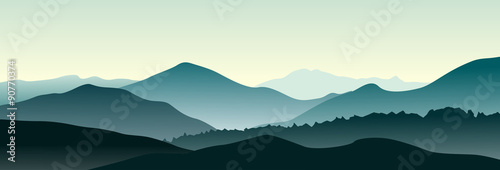 Mountain landscape in the summer morning. Horizontal vector illustration.