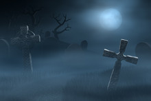 Tombstones On A Spooky Misty Graveyard, Full Moon At Night