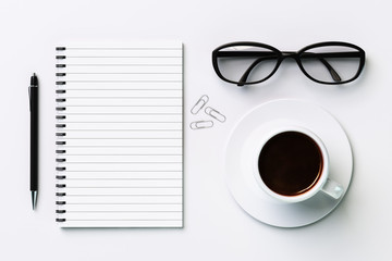 Wall Mural - Blank diary, cup of coffee, pen and glasses