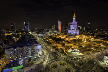 Canvas Print - Warsaw downtown at night aerial view, Poland