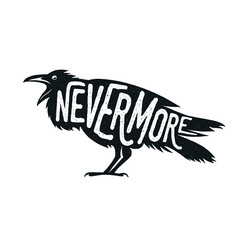 Raven illustration with word Nevermore.