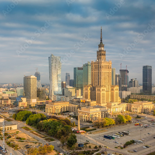 Naklejka na kafelki Warsaw downtown sunrise aerial view, Poland
