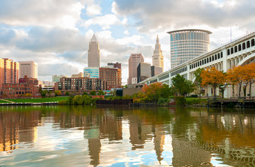 Cleveland Ohio as seen from the west bank of the Cuyahoga River