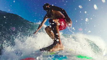 POV Surfer On Big Blue Ocean Wave Slow Motion Drop In Bottom Turn Frontside