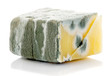 Piece of inedible mouldy cheese isolated 