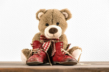 Vintage Toy Funny Teddy Bear And Old Baby Shoes