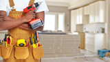 Fototapeta  - Builder handyman with construction tools.