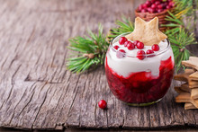 Dessert With Cranberry Sauce And Sour Cream Decorated Gingerbread Cookies