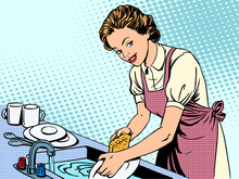 Woman Washing Dishes Housewife Housework Comfort