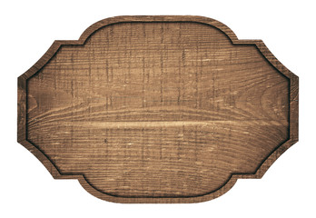 Wall Mural - brown wooden signboard, plate, plank and dark frame on white