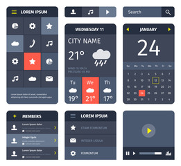 Red and blue set of mobile interface elements on white. 