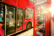 Iconic London Red Public Phone And Double Decker Bus.