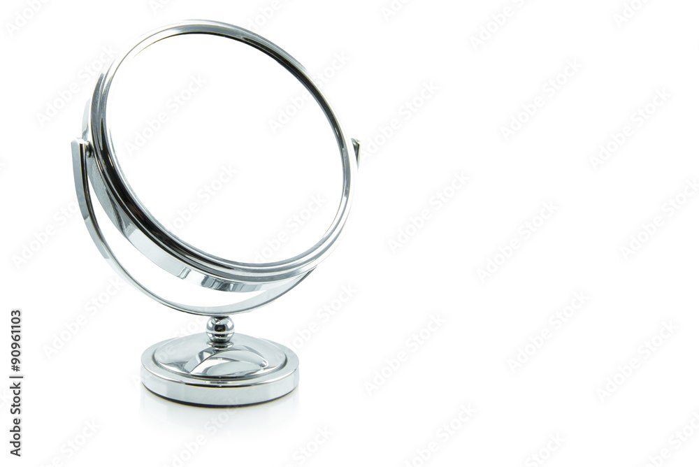 silver makeup mirror isolated on white. - obrazy, fototapety, plakaty 