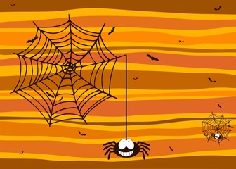 Halloween background with smiling spider, spiderweb and bats