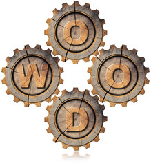 Wall Mural - Wood Symbol with Four Wooden Gears / Wooden symbol with text wood and four wooden gears. Isolated on white background