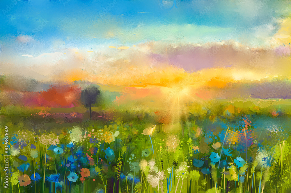 Oil painting  flowers dandelion, cornflower, daisy in fields. Sunset  meadow landscape with wildflower, hill and sky in orange and blue color background. Hand Paint summer floral Impressionist style - obrazy, fototapety, plakaty 