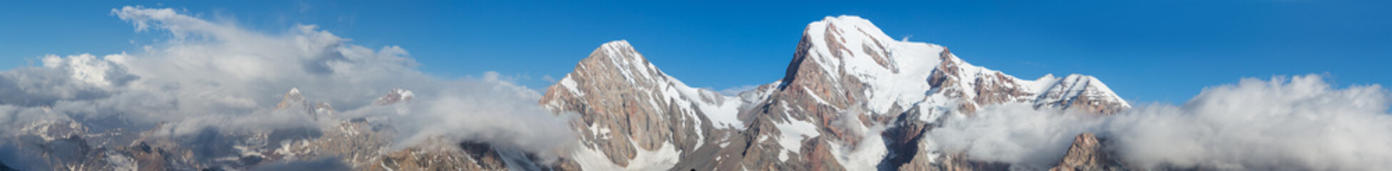 Wall Mural - Wide Sunny Mountain Panorama of Fan Valley in Tajikistan Mountain View Landscape with Multiple Peaks and Rocky Cliffs Glaciers and Snow Places Famous Location Attraction