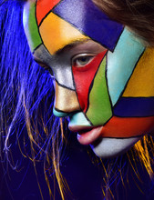Beautiful Woman Face With Professional Makeup, Bright Colors. Cl