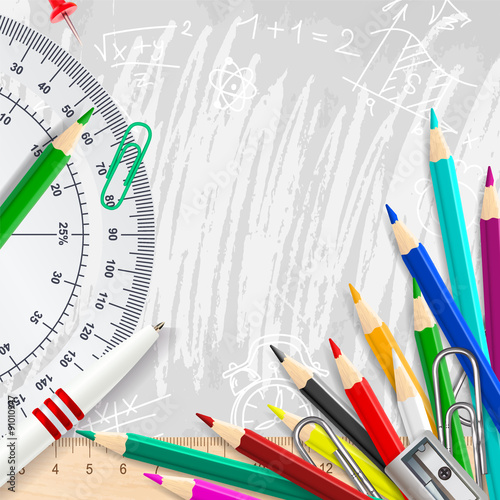 Fotografia Grey vector chalk background with school supplies