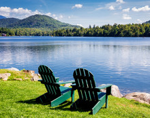 Adirondack Chairs. Mirror Lake, Lake Placid New York. Summer, Vacation, Outdoors, Travel, Explore, Nature, Camping, Lake And Mountain Vacation Concept