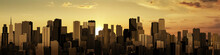 Sunrise-sunset City Panorama / 3D Render Of Modern City At Sunrise Or Sunset