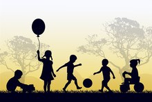Silhouettes Of Children Playing Outside In The Grass And Trees