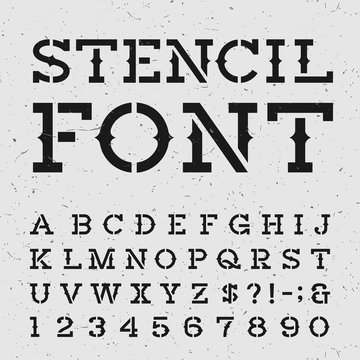 Western style retro alphabet vector stencil font. Serif type letters, numbers and symbols on the distressed background. Vintage vector typography for labels, headlines, posters etc.