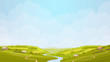 Green countryside view in the sun. Summer day in village, fields. Digital background raster illustration.