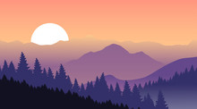 Beautiful Sunset At Mountains. Vector Illustration