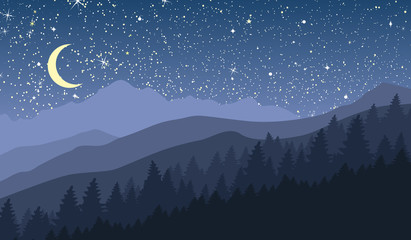 Wall Mural - Night mountain landscape with new moon and stars. Vector illustration.