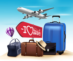 Wall Mural - 3d realistic travel and tour design with set and collections of bags and airplane