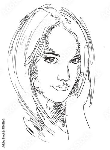Drawing Portrait Of Young Woman Vector Female Face Sketch